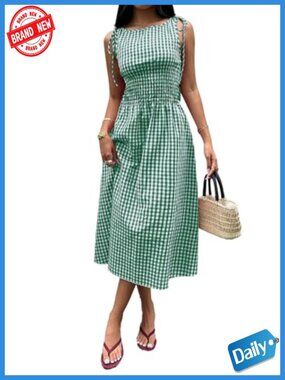 Women's Gingham Maxi Dress Cotton Smocked Waist A-Line Sleeveless Pockets Casual